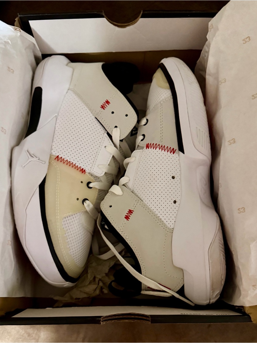 Jordan One Take 5 Kids 7Y Big Kid White and Black Sneakers with Red Stitching